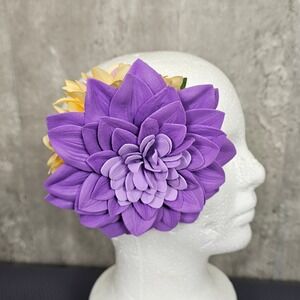 Floral Hair Clip Purple Yellow Dahlia Flower Fascinator Wedding Races‎ Tiki VLV